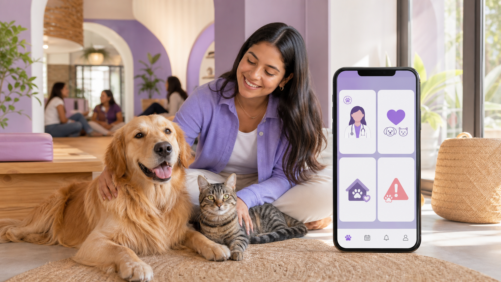 Mujer compartiendo con un perro y un gato junto a la experiencia Peluvi