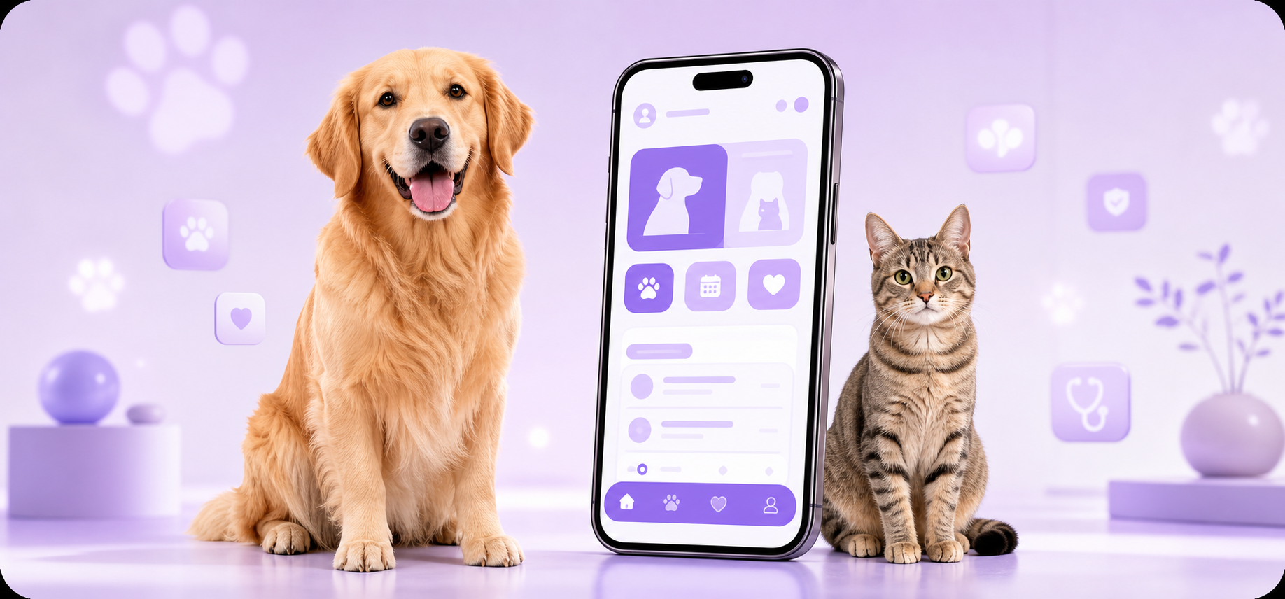 Perro y gato junto a una vista previa de la aplicación Peluvi