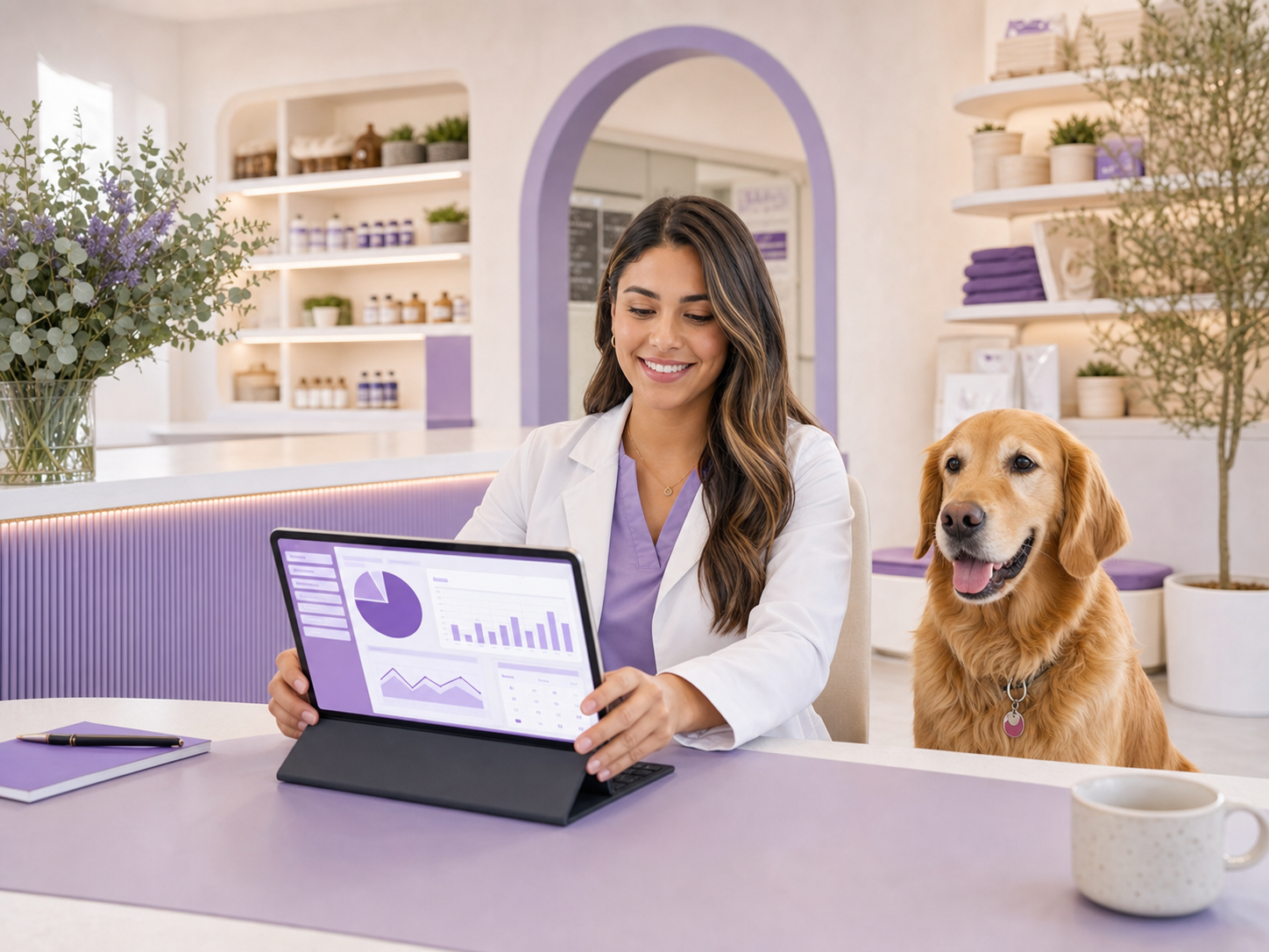 Profesional de mascotas gestionando su negocio desde el portal Peluvi junto a un perro